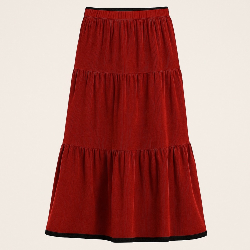 Gene Ewing BIS Red Tiered Maxi Skirt Size 8 Women's Boho‎ Peasant Gypsy Cotton